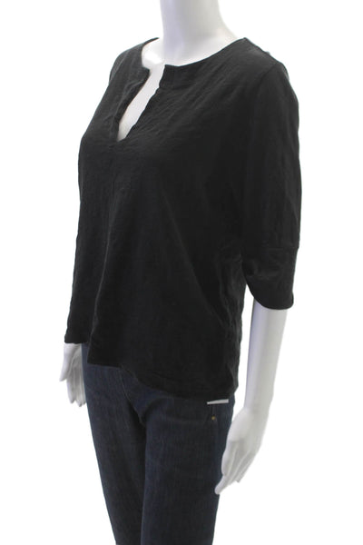 Lilla P Womens Basic V-Neck 3/4 Sleeve Cotton Blouse Black Size M