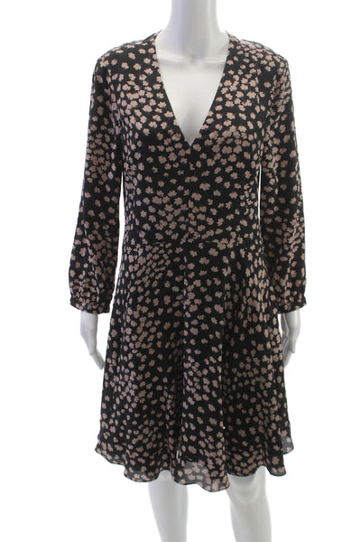 Rebecca Taylor Women Fit & Flare Black Silk Floral V-Neck Knee Dress Size 10
