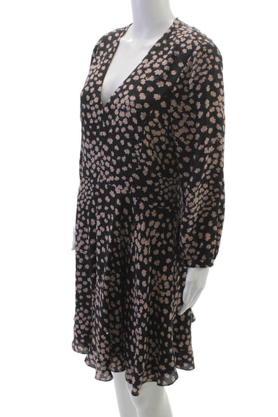 Rebecca Taylor Women Fit & Flare Black Silk Floral V-Neck Knee Dress Size 10