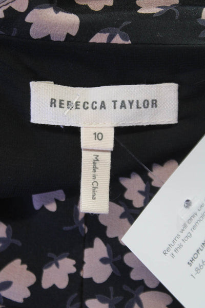 Rebecca Taylor Women Fit & Flare Black Silk Floral V-Neck Knee Dress Size 10