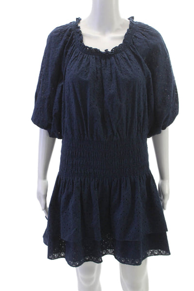 Ramy Brook Women Fit & Flare Blue Off Shoulder Mini Dress Short Sleeve Size L