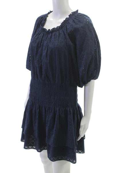 Ramy Brook Women Fit & Flare Blue Off Shoulder Mini Dress Short Sleeve Size L
