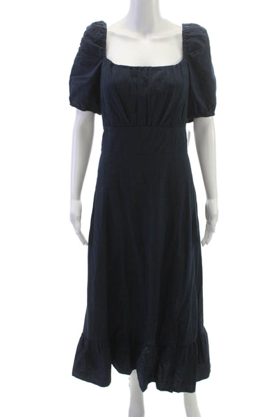 London Times Women Fit & Flare Blue Linen Square Neck Knee Dress Size 14