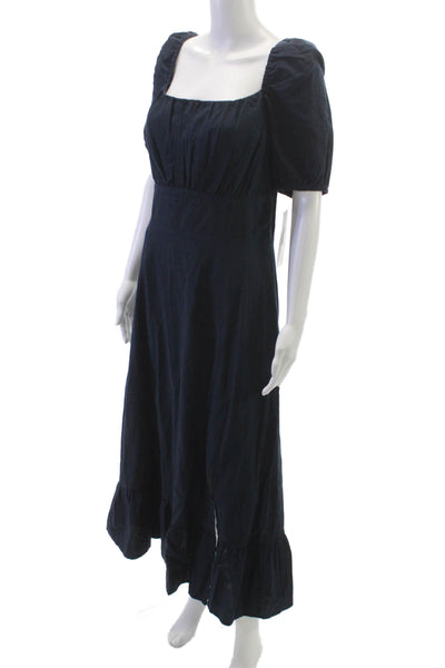 London Times Women Fit & Flare Blue Linen Square Neck Knee Dress Size 14