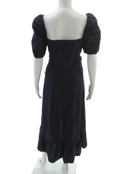 London Times Women Fit & Flare Blue Linen Square Neck Knee Dress Size 14