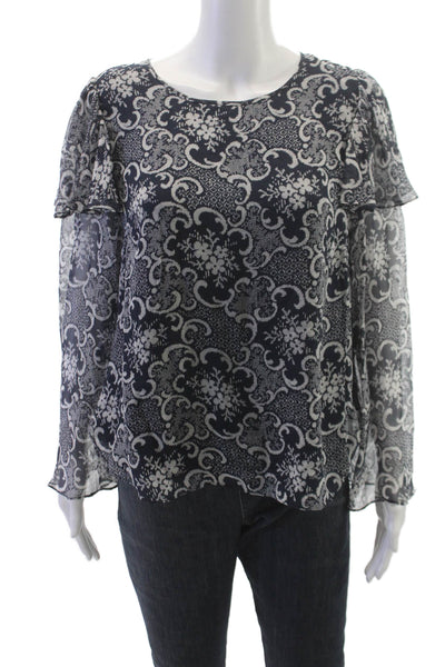 Rebecca Taylor Womens Silk Floral Round Neck Button Long Sleeve Blouse Size 12