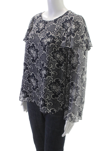Rebecca Taylor Womens Silk Floral Round Neck Button Long Sleeve Blouse Size 12
