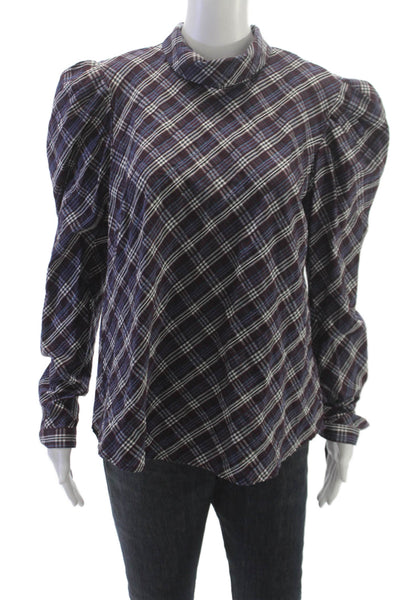 Veronica Beard Womens Plaid Turtleneck Blouse Purple Button Long Sleeve Size 12