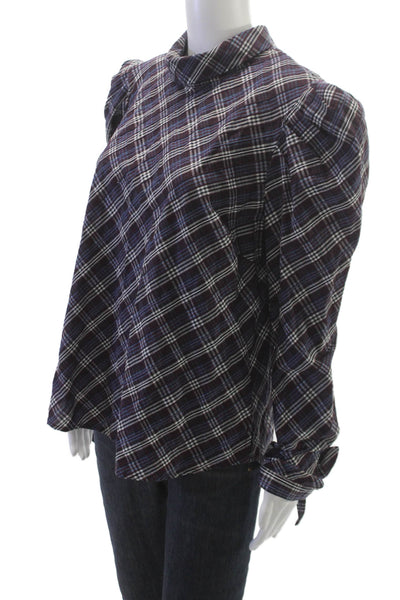 Veronica Beard Womens Plaid Turtleneck Blouse Purple Button Long Sleeve Size 12