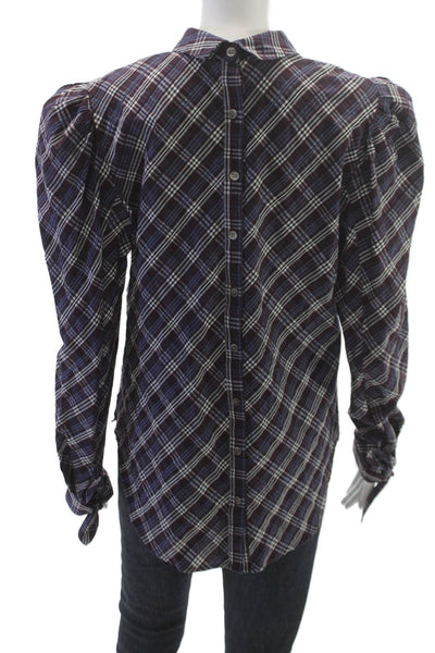 Veronica Beard Womens Plaid Turtleneck Blouse Purple Button Long Sleeve Size 12