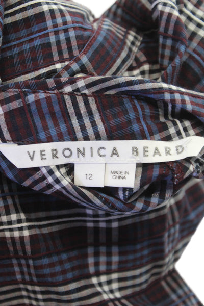 Veronica Beard Womens Plaid Turtleneck Blouse Purple Button Long Sleeve Size 12