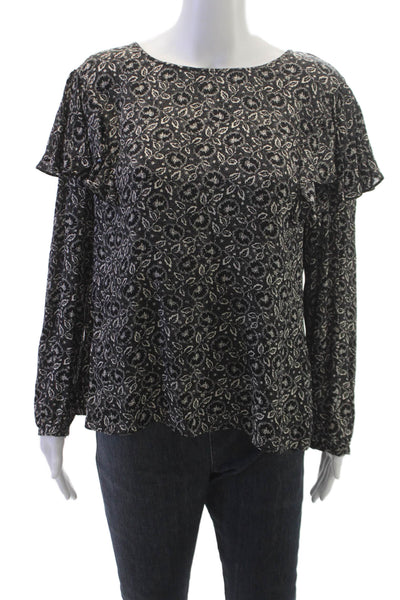 Rebecca Taylor Womens Black Silk Boat Neck Floral Long Sleeve Blouse Size 10