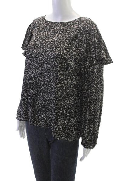 Rebecca Taylor Womens Black Silk Boat Neck Floral Long Sleeve Blouse Size 10