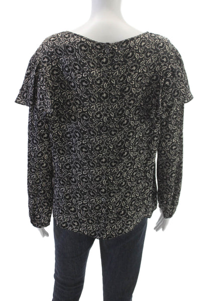 Rebecca Taylor Womens Black Silk Boat Neck Floral Long Sleeve Blouse Size 10