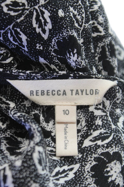 Rebecca Taylor Womens Black Silk Boat Neck Floral Long Sleeve Blouse Size 10
