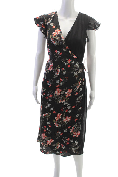 Avec Les Filles Womens Wrap Dress Black V-Neck Short Sleeve Mid-Calf Size 10