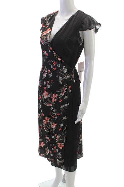 Avec Les Filles Womens Wrap Dress Black V-Neck Short Sleeve Mid-Calf Size 10