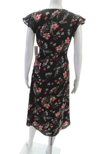 Avec Les Filles Womens Wrap Dress Black V-Neck Short Sleeve Mid-Calf Size 10