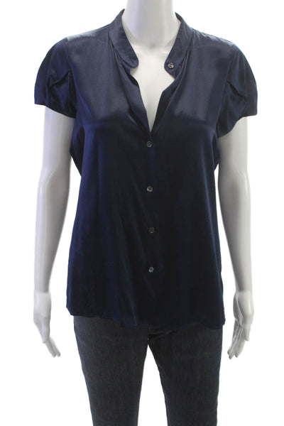 Theory Women Silk Collared Basic Blouse Short Sleeve Blue Button Size L