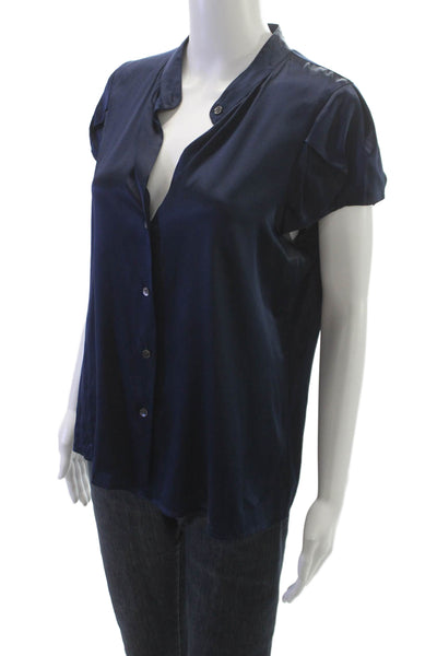 Theory Women Silk Collared Basic Blouse Short Sleeve Blue Button Size L