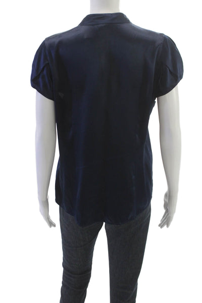 Theory Women Silk Collared Basic Blouse Short Sleeve Blue Button Size L
