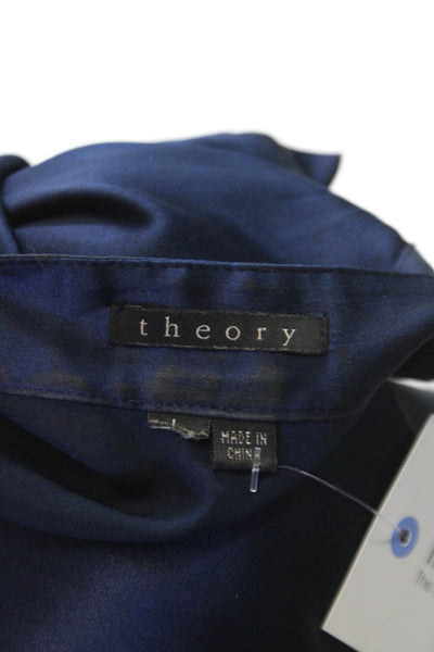 Theory Women Silk Collared Basic Blouse Short Sleeve Blue Button Size L