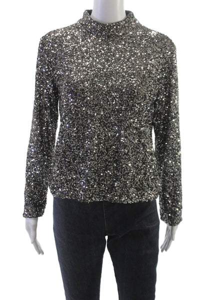 Insight Womens Silver Mock Neck Zip Blouse Polyester Long Sleeve Size M