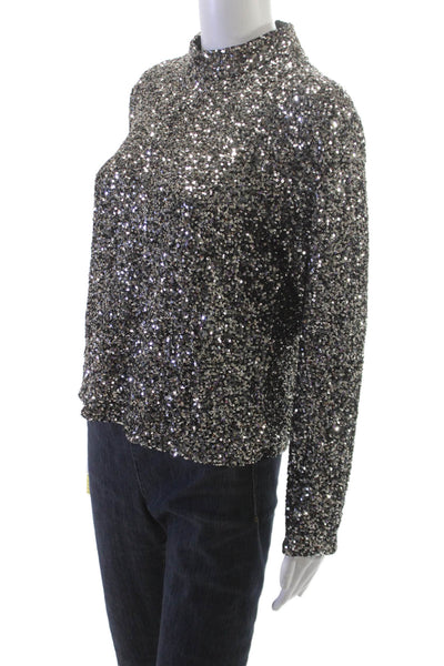 Insight Womens Silver Mock Neck Zip Blouse Polyester Long Sleeve Size M
