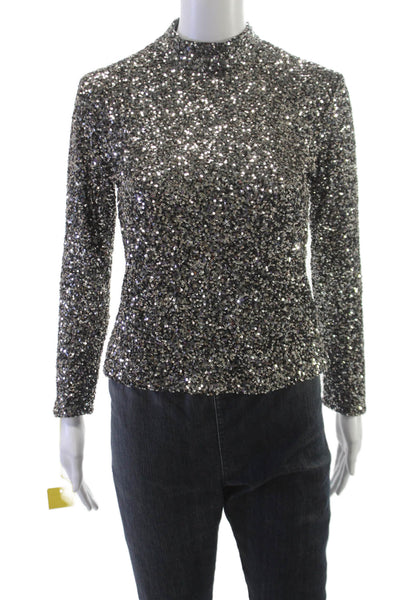 Insight Women Mock Neck Long Sleeve Blouse Silver Zip Polyester Size XS