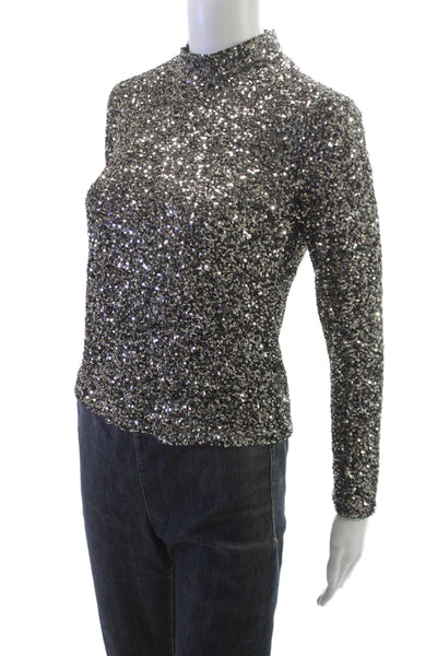 Insight Women Mock Neck Long Sleeve Blouse Silver Zip Polyester Size XS