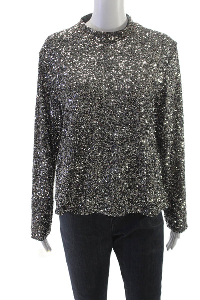 Insight Womens Blouse Silver Mock Neck Long Sleeve Zip Polyester Size XL