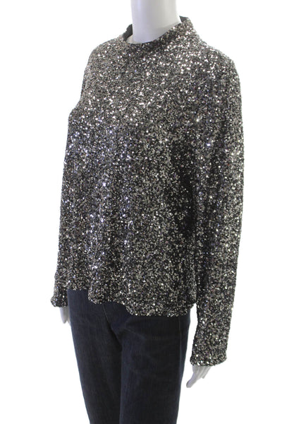 Insight Womens Blouse Silver Mock Neck Long Sleeve Zip Polyester Size XL