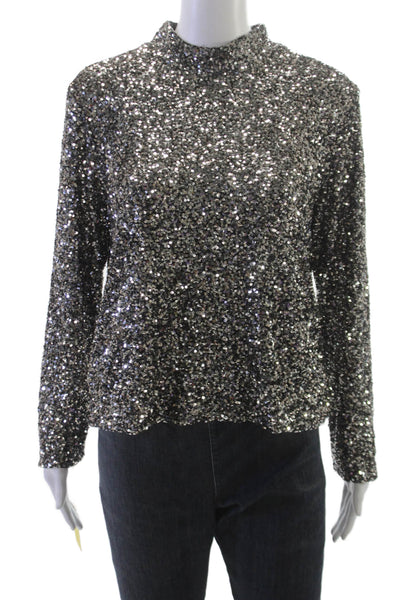 Insight Women Basic Silver Polyester Mock Neck Long Sleeve Zip Blouse Size L