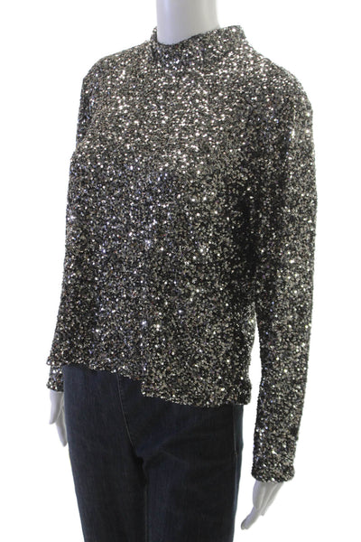 Insight Women Basic Silver Polyester Mock Neck Long Sleeve Zip Blouse Size L