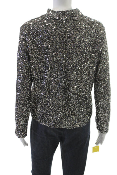 Insight Women Basic Silver Polyester Mock Neck Long Sleeve Zip Blouse Size L