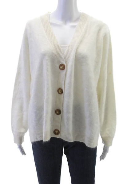 Mia Fratino Women Cashmere V-Neck Cardigan Ivory Long Sleeve Size M