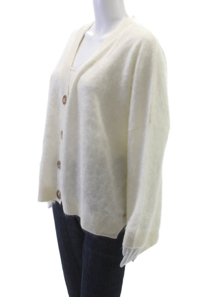 Mia Fratino Women Cashmere V-Neck Cardigan Ivory Long Sleeve Size M