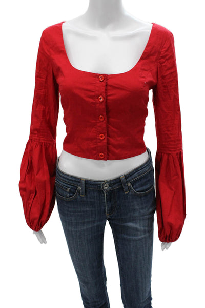 Staud Womens Cropped Button-Up Red Cotton Blend Square Neck Long Sleeve Size M