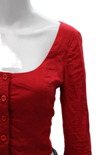 Staud Womens Cropped Button-Up Red Cotton Blend Square Neck Long Sleeve Size M