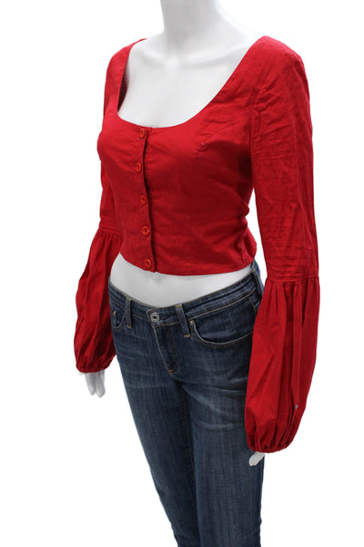 Staud Womens Cropped Button-Up Red Cotton Blend Square Neck Long Sleeve Size M