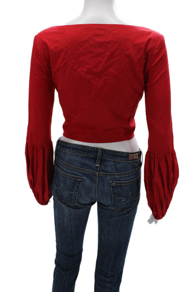 Staud Womens Cropped Button-Up Red Cotton Blend Square Neck Long Sleeve Size M