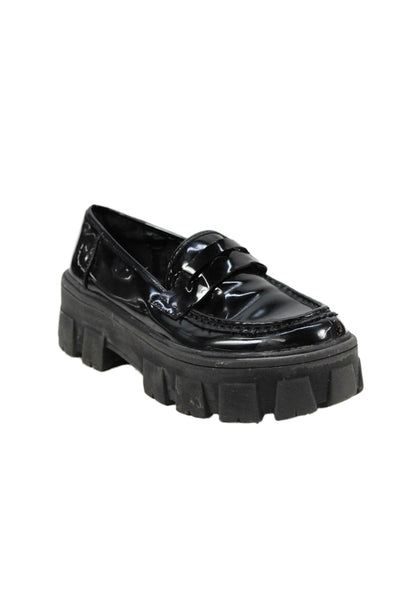H By Halston Womens Slip On Block Heel Platform Patent Leather Loafers Black 8