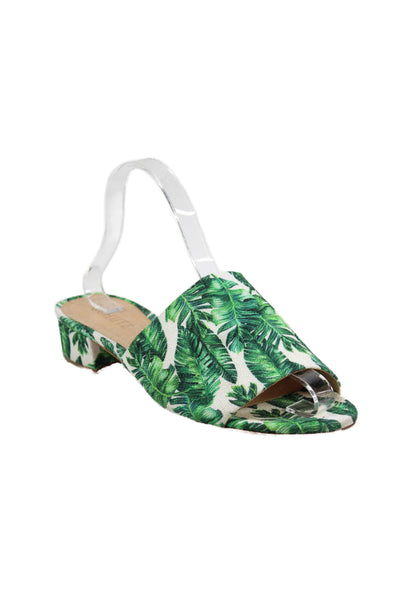 Schutz Womens Block Heel Woven Leaf Printed Slide Sandals White Green Size 8.5