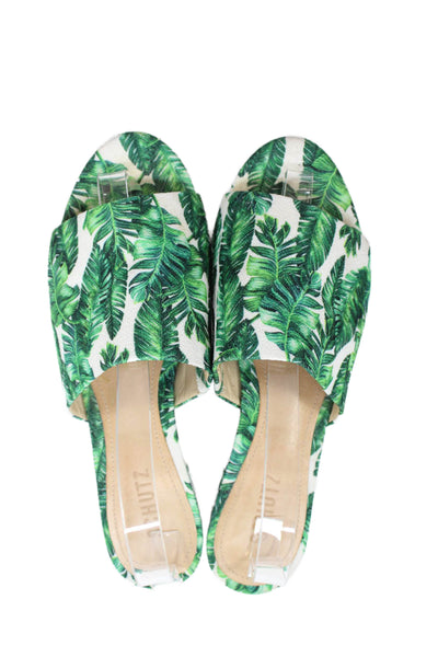Schutz Womens Block Heel Woven Leaf Printed Slide Sandals White Green Size 8.5