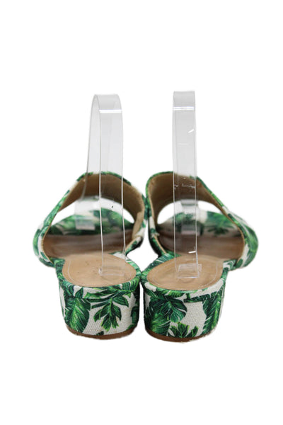 Schutz Womens Block Heel Woven Leaf Printed Slide Sandals White Green Size 8.5
