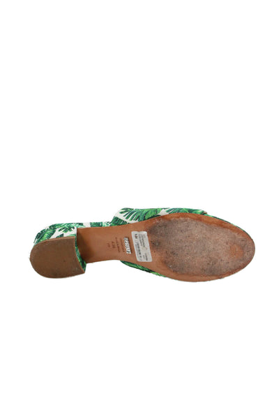 Schutz Womens Block Heel Woven Leaf Printed Slide Sandals White Green Size 8.5