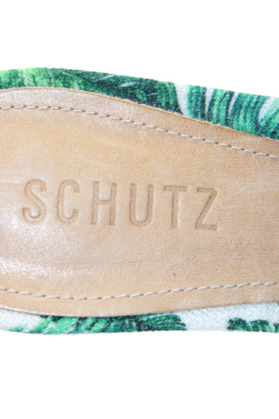 Schutz Womens Block Heel Woven Leaf Printed Slide Sandals White Green Size 8.5