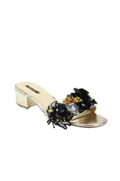 Zara Womens Block Heel Patent Leather Floral Embellished Sandals Silver Size 38