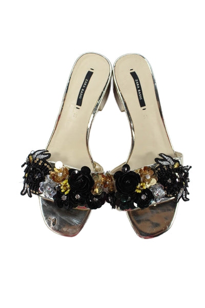 Zara Womens Block Heel Patent Leather Floral Embellished Sandals Silver Size 38