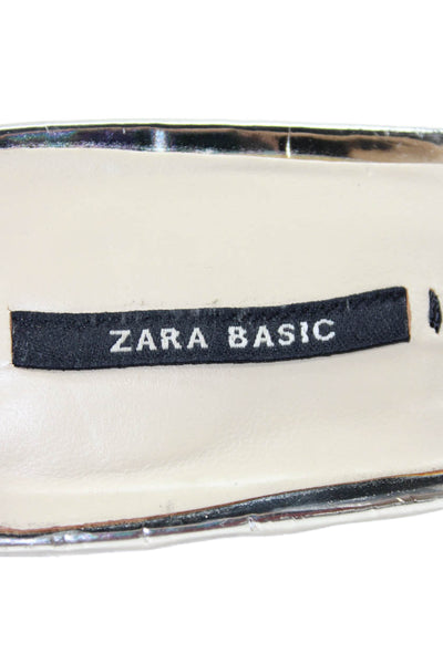 Zara Womens Block Heel Patent Leather Floral Embellished Sandals Silver Size 38
